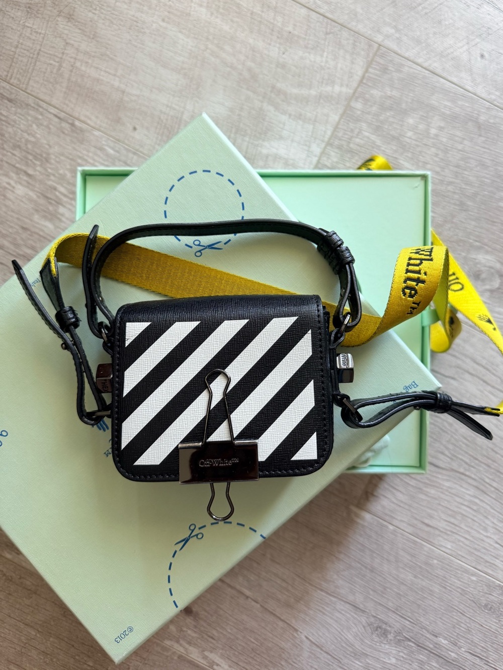 Off-White Black & White Baby Diagonal Stripe Flap Bag with Yellow Strap